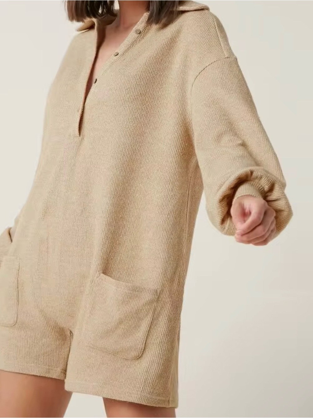 SHEIN EZwear Knit Lantern Sleeve Collared Romper L